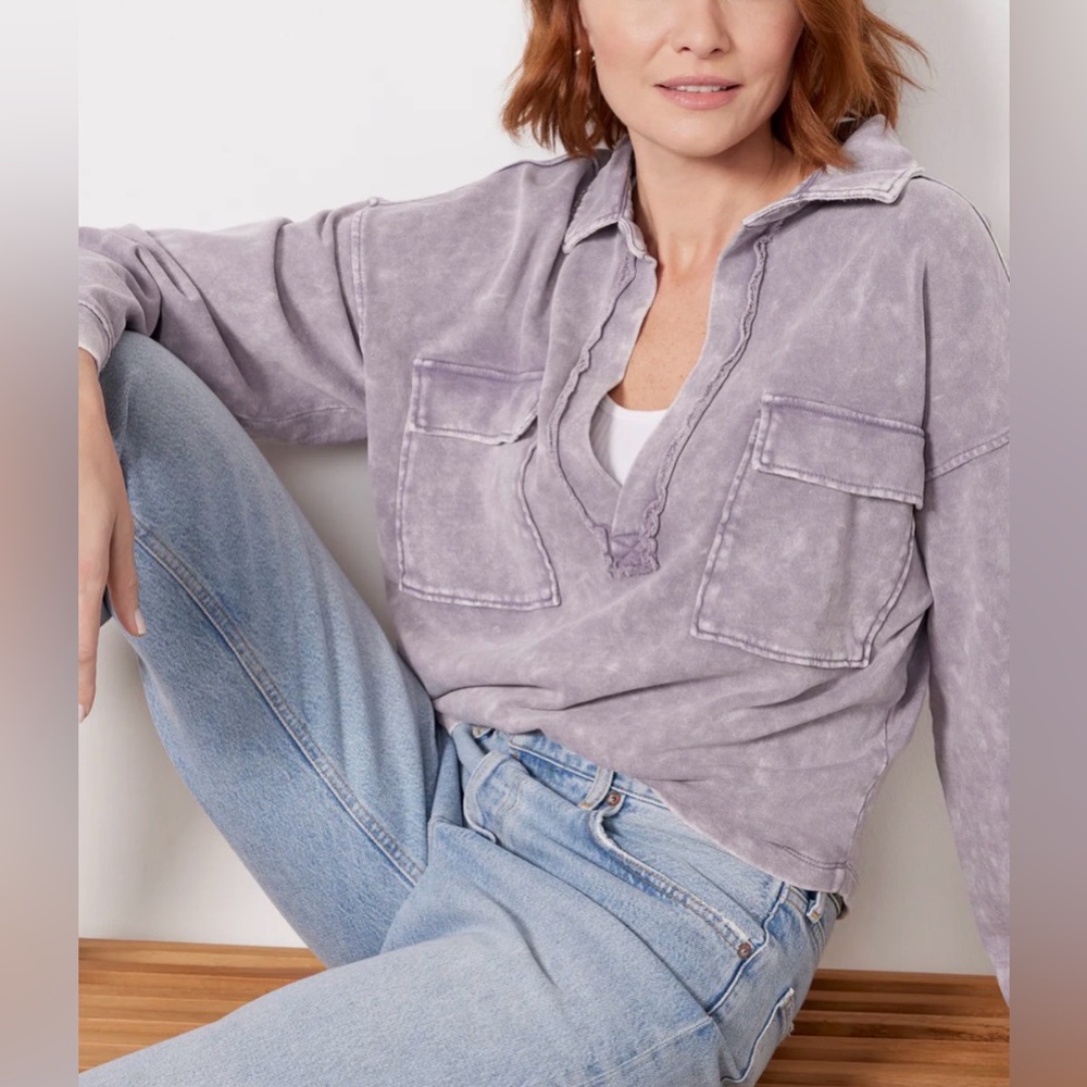 Evereve Ana Pocket Sweatshirt Washed Purple Gray XS Lounge Casual